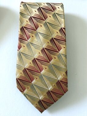 Fabio Fazio Golden Geometric Silk Tie with Wine & Gray  Accents New  with Tag